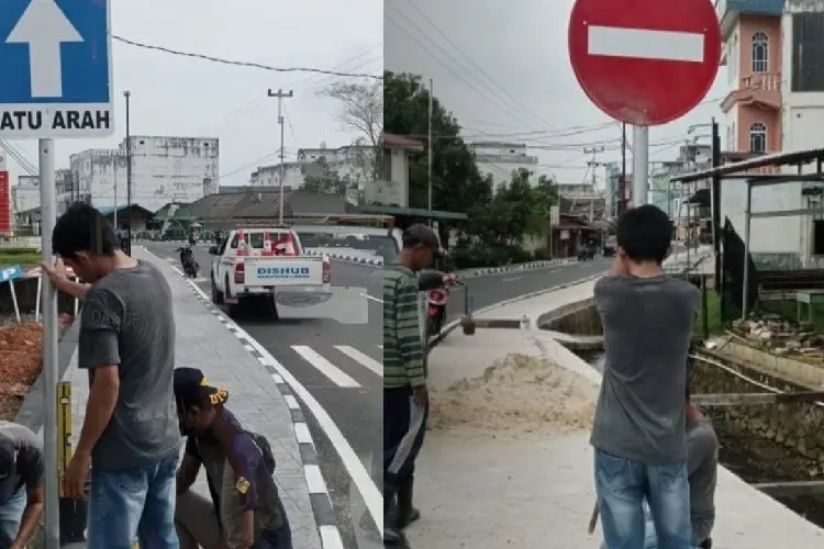 Dishub Lingga memasang rambu lalu lintas di Kota Dabo Singkep