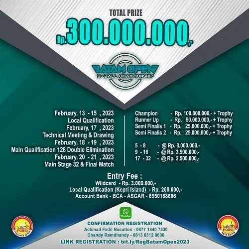 POBSI Kota Batam akan menggelar turnamen biliar Open 9 Ball Championship 2023. Turnamen ini akan berlangsung pada 13 hingga 21 Februari 2023