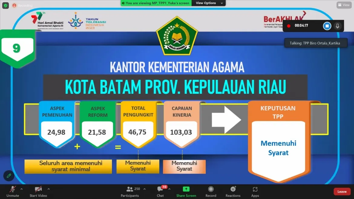 Kankemenag Kota Batam Lolos Penilaian Pendahuluan Calon Pilot Project WBK Tahun 2023